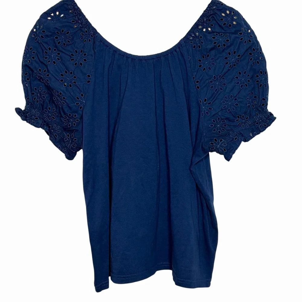 J Crew Eyelet Puff Sleeve Top Navy Womens Size M Nautical Preppy Fisherman
